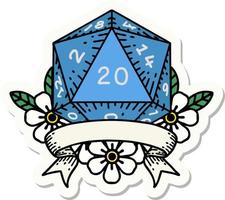 sticker of a natural 20 critical hit D20 dice roll vector