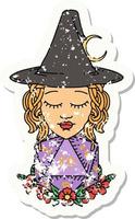 grunge sticker of a human witch with natural twenty dice roll vector