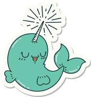 sticker of a tattoo style happy narwhal vector