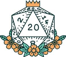 Retro Tattoo Style natural 20 D20 dice roll with floral elements vector