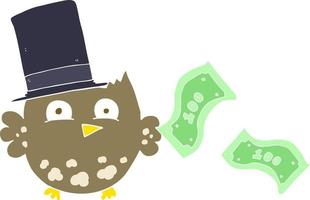 flat color illustration of wealthy little owl with top hat vector