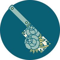 iconic tattoo style image of a cleaver and flowers vector