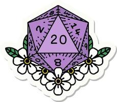 sticker of a natural 20 D20 dice roll with floral elements vector