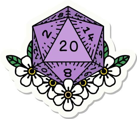sticker of a natural 20 D20 dice roll with floral elements