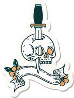 pegatina estilo tatuaje con estandarte de una calavera vector