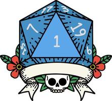 Retro Tattoo Style natural one d20 dice roll vector