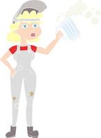 flat color illustration of a cartoon hard working woman with beer vector