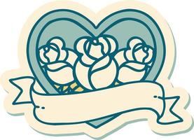 sticker of tattoo in traditional style of a heart and banner with flowers vector