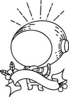 scroll banner with black line work tattoo style astronaut vector