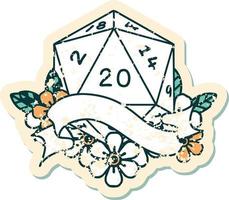 Retro Tattoo Style natural twenty D20 dice roll vector