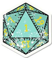 grunge sticker of a natural 1 D20 dice roll vector