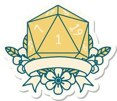 sticker of a natural one d20 dice roll vector