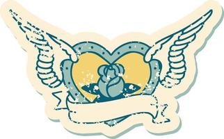 iconic distressed sticker tattoo style image of a flying heart with flowers and banner vector