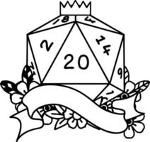 Black and White Tattoo linework Style natural twenty D20 dice roll vector