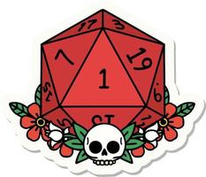 sticker of a natural one dice roll with floral elements vector