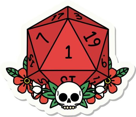sticker of a natural one dice roll with floral elements