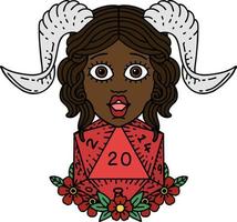 Retro Tattoo Style tiefling with D20 natural twenty dice roll vector