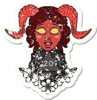 grunge sticker of a tiefling with natural twenty dice roll vector