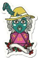 sticker of a singing half orc bard with natural twenty dice roll vector