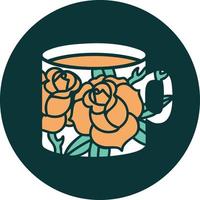 imagen icónica de estilo tatuaje de una taza y flores vector