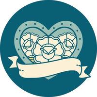 iconic tattoo style image of a heart and banner with flowers vector