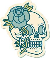 pegatina de tatuaje al estilo tradicional de una calavera y una rosa vector