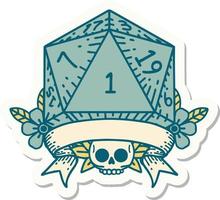 sticker of a natural one d20 dice roll vector