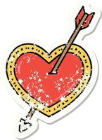 distressed sticker tattoo in traditional style of an arrow and heart vector