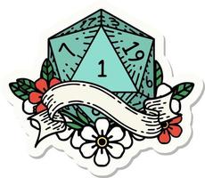 sticker of a natural one d20 dice roll vector