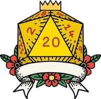 Retro Tattoo Style natural 20 critical hit D20 dice roll vector