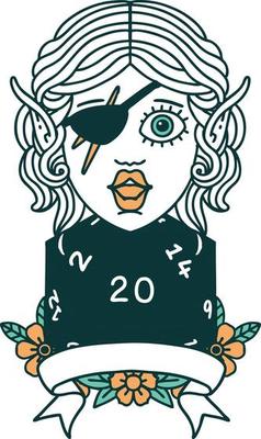 Retro Tattoo Style elf rogue character with natural twenty dice roll