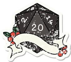 grunge sticker of a natural twenty D20 dice roll vector