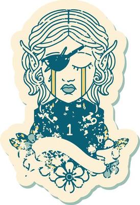 Retro Tattoo Style crying elf rogue character face with natural one D20 roll