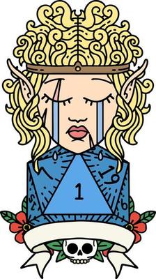 Retro Tattoo Style sad elf barbarian character with natural one roll