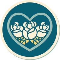 sticker of tattoo in traditional style of a heart and flowers vector