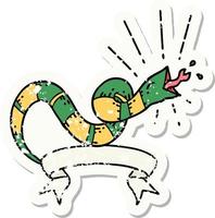 worn old sticker of a tattoo style hissing snake vector