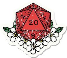 grunge sticker of a natural 20 D20 dice roll with floral elements vector