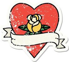 tatuaje de pegatina angustiado al estilo tradicional de una rosa de corazón y pancarta vector