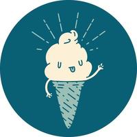 ícono de un personaje de helado al estilo tatuaje que agita vector