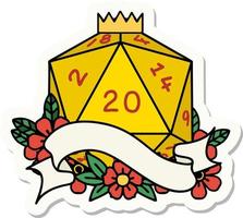 sticker of a natural twenty D20 dice roll vector