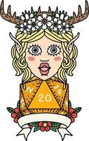 Retro Tattoo Style elf druid character with natural 20 dice roll vector