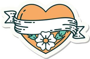 sticker of tattoo in traditional style of a heart and banner with flowers vector