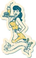 distressed sticker tattoo in traditional style of a pinup waitress girl with banner vector