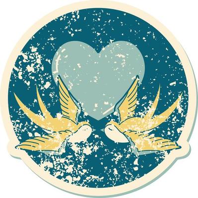 iconic distressed sticker tattoo style image of swallows and a heart