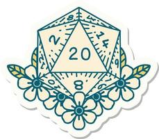 sticker of a natural 20 D20 dice roll with floral elements vector