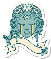 tattoo style sticker with banner of female face with mystic third eye crying vector