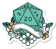 sticker of a natural twenty D20 dice roll vector