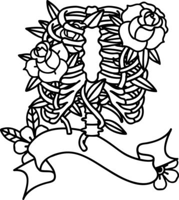 traditional black linework tattoo with banner of a rib cage and flowers