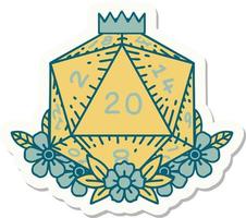 sticker of a natural 20 D20 dice roll with floral elements vector