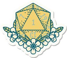 sticker of a natural one dice roll with floral elements vector